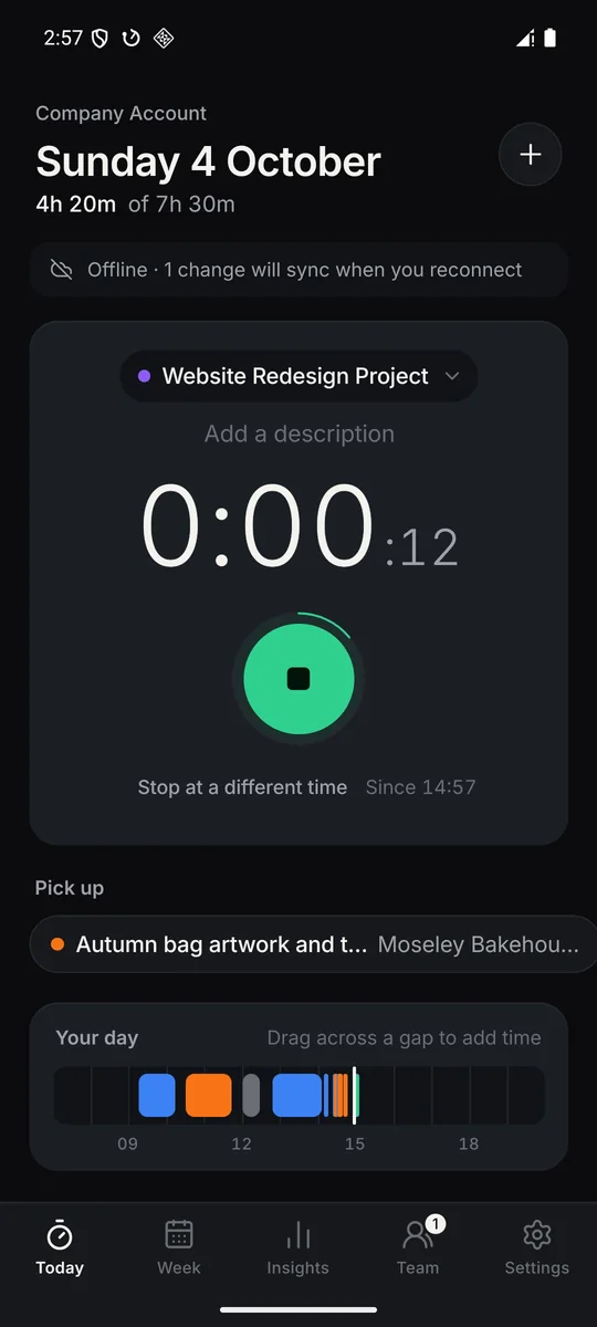 Time Tracker on Android with a timer running