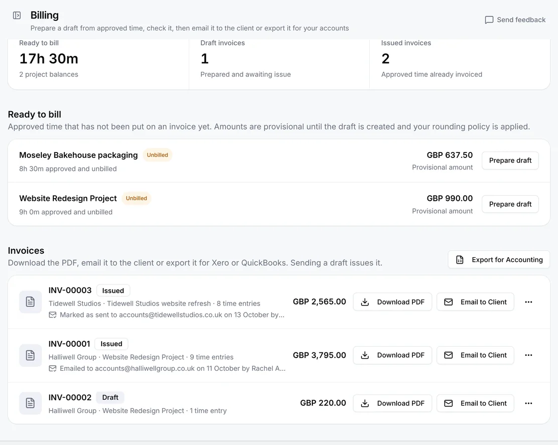 Billing with invoice INV-00003 issued to Tidewell Studios for GBP 2,565.00