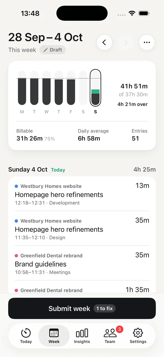 Time Tracker on iPhone showing the week