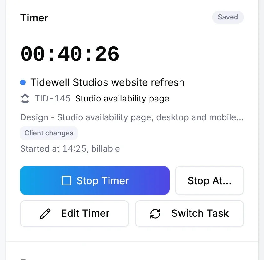 The timer running on the ClickUp task TID-145, Studio availability page, for Tidewell Studios