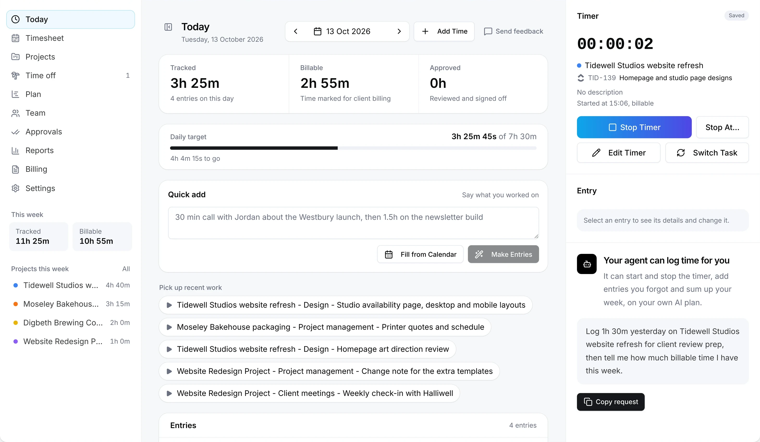 Time Tracker's Today view: a timer running on a Tidewell Studios task, the day's tracked and billable time, quick add and recent work